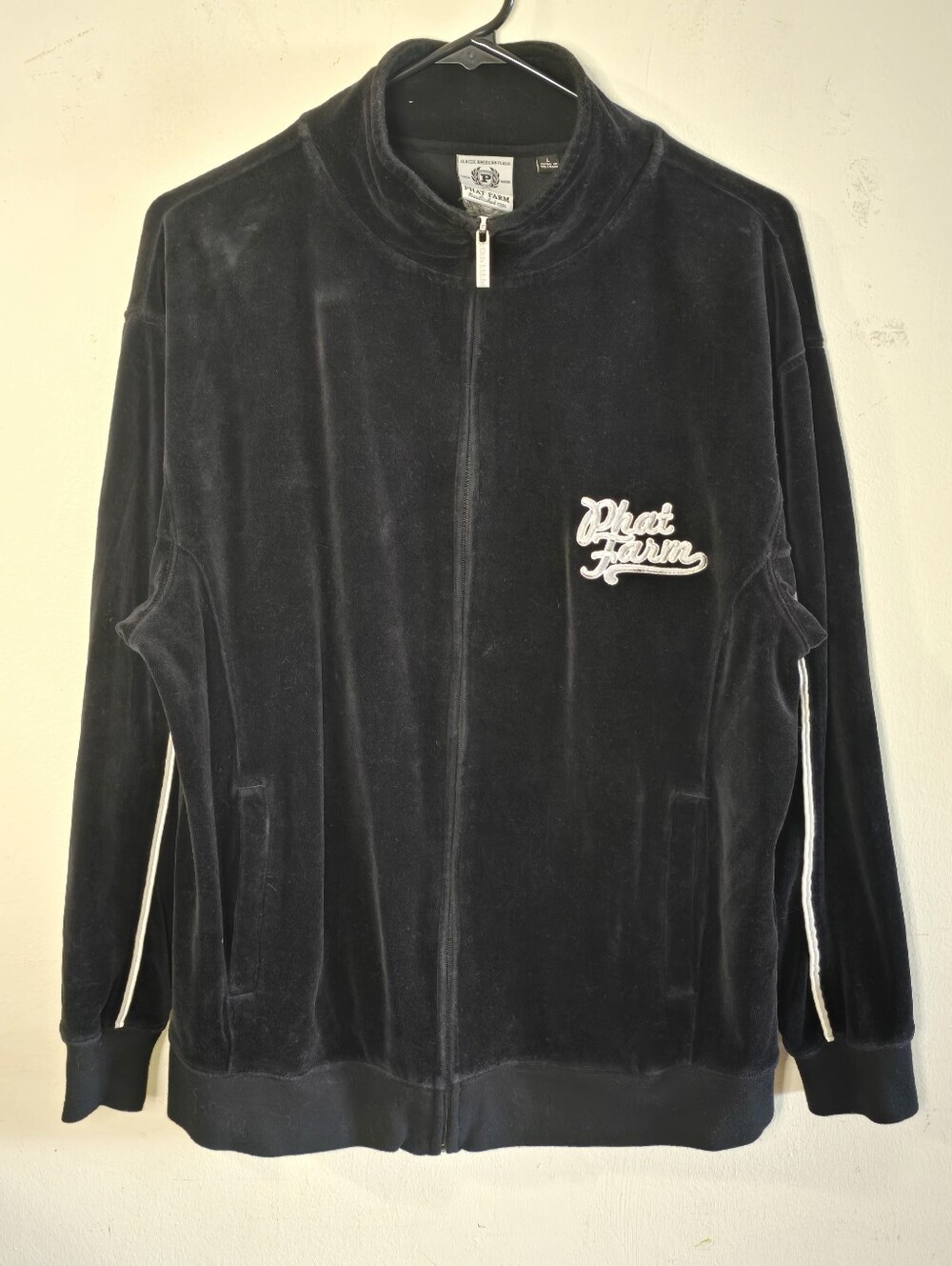 Vintage Phat Farm Track Jacket Mens Large Black Velour Y2K Hip Hop Full Zip Logo